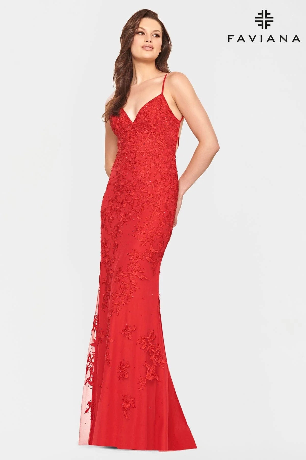 Red long v-neck dress made with dainty lace tulle 