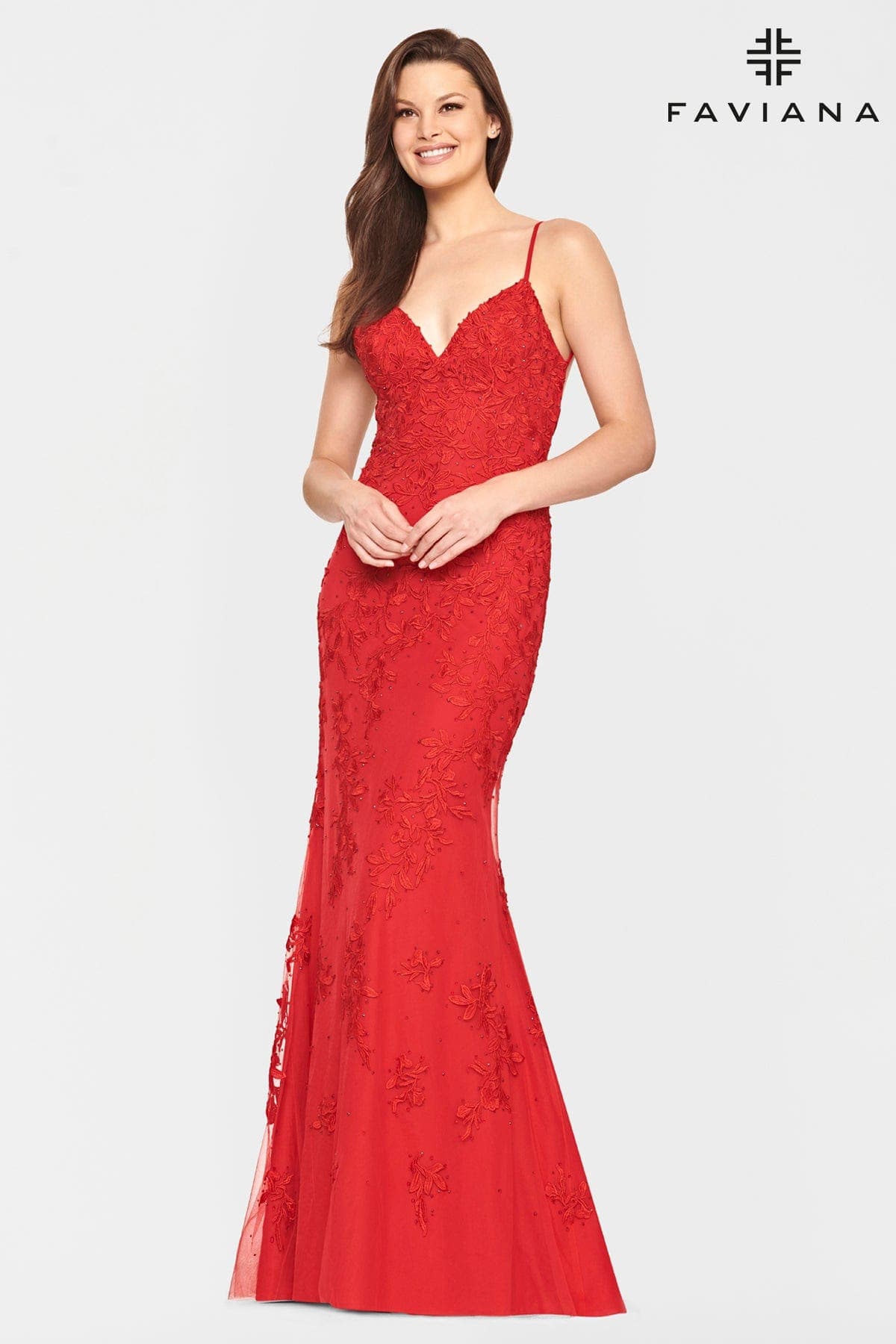 Red long v-neck dress made with dainty lace tulle 