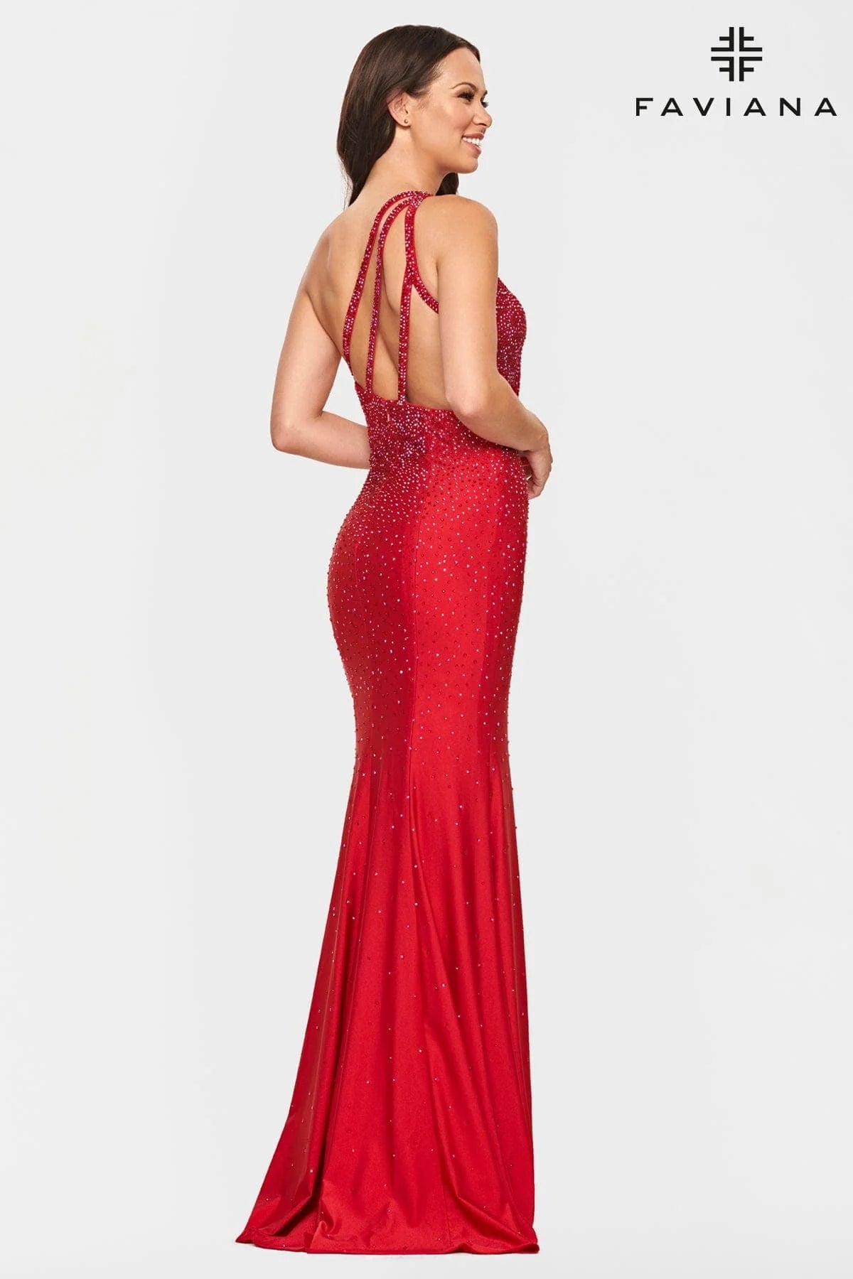 Red Beaded One Shoulder Long Dress With Strappy Back And Leg Slit