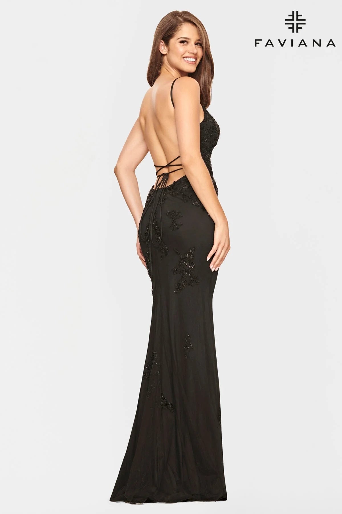 Black Beaded Lace Long V Neck Dress With Open Back