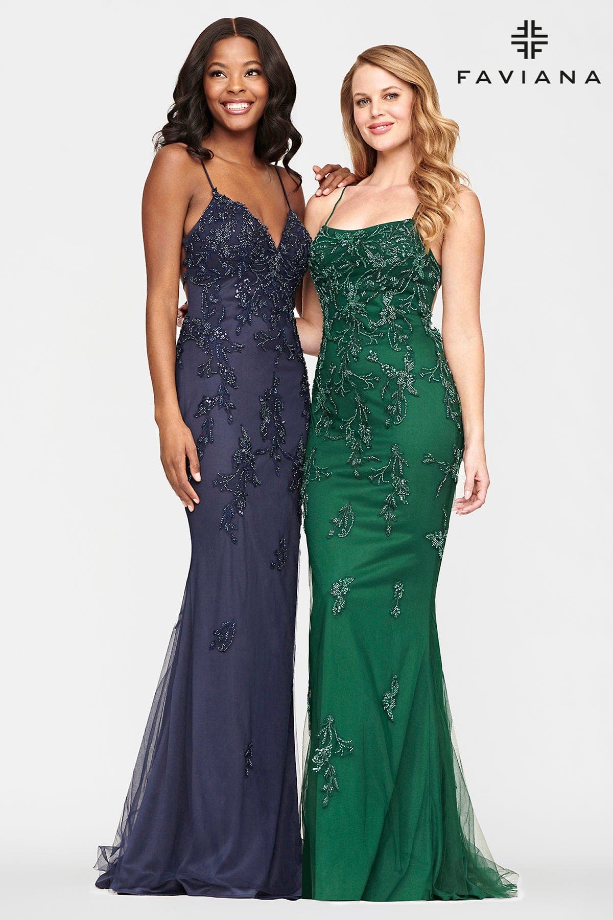 Navy and Emerald Beaded Lace Long V Neck Dress With Open Back