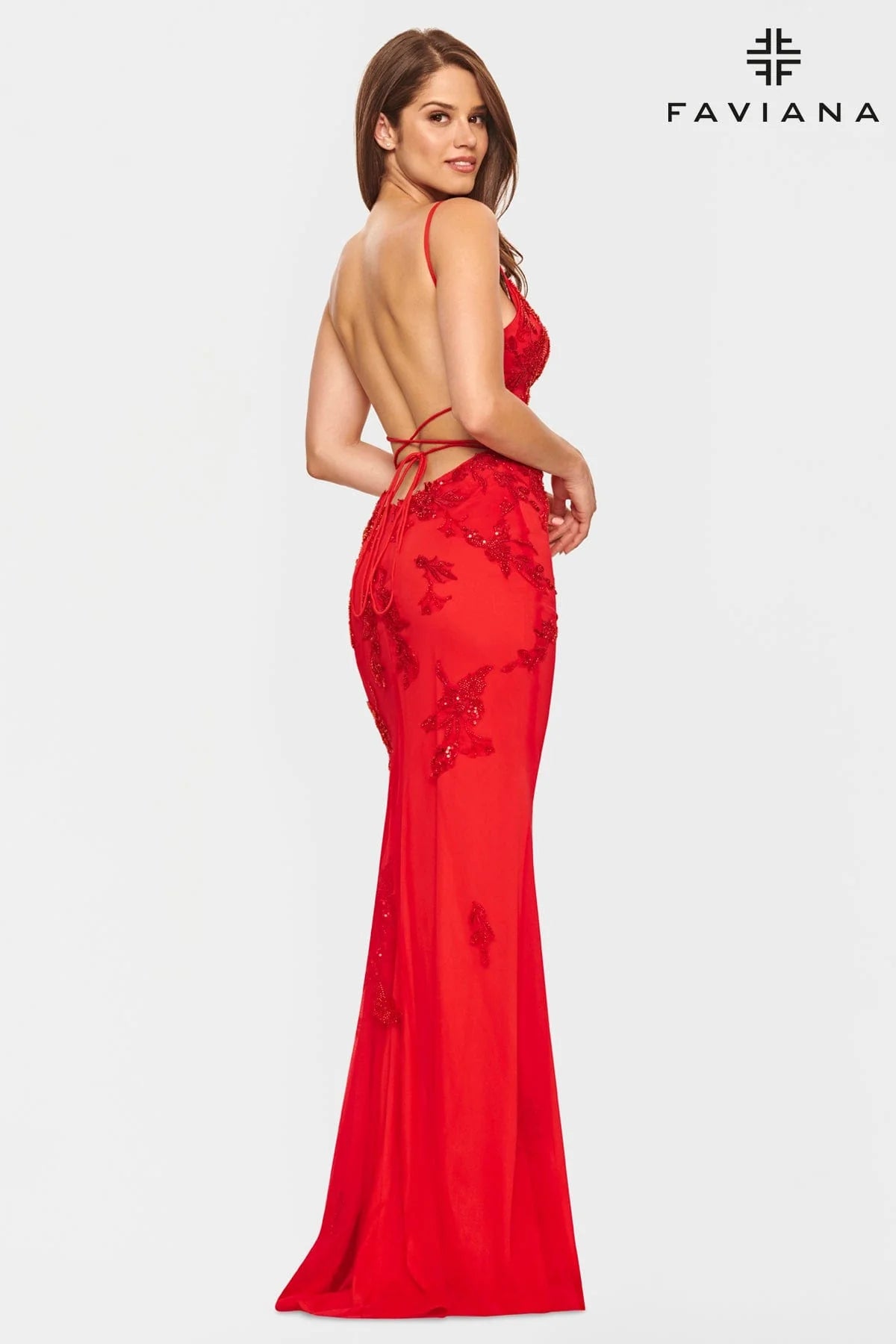 Red Beaded Lace Long V Neck Dress With Open Back