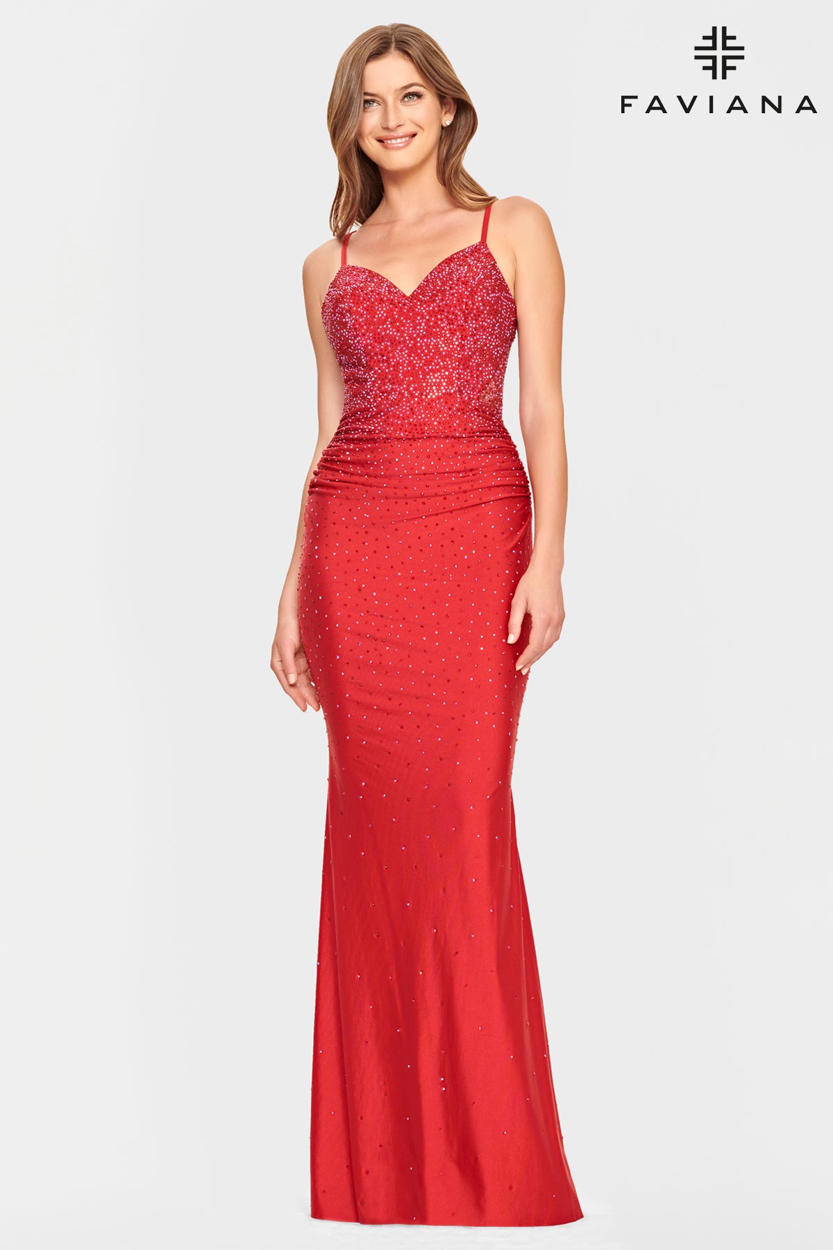 Red V Neck Dress With Corset Back And Rhinestone Beading