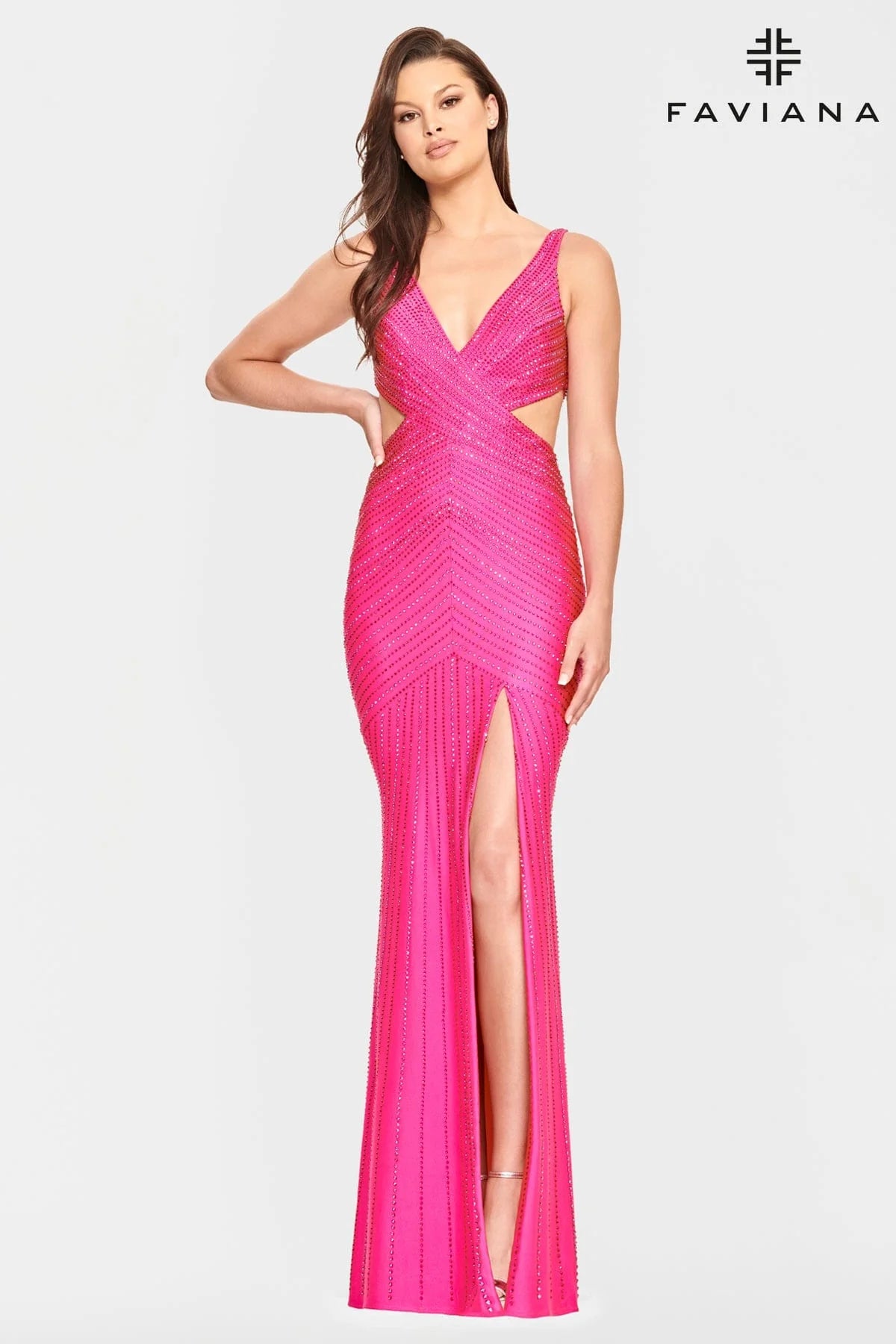 Hot Pink V Neck Prom Dress With Patterned Beading And Side Cutouts