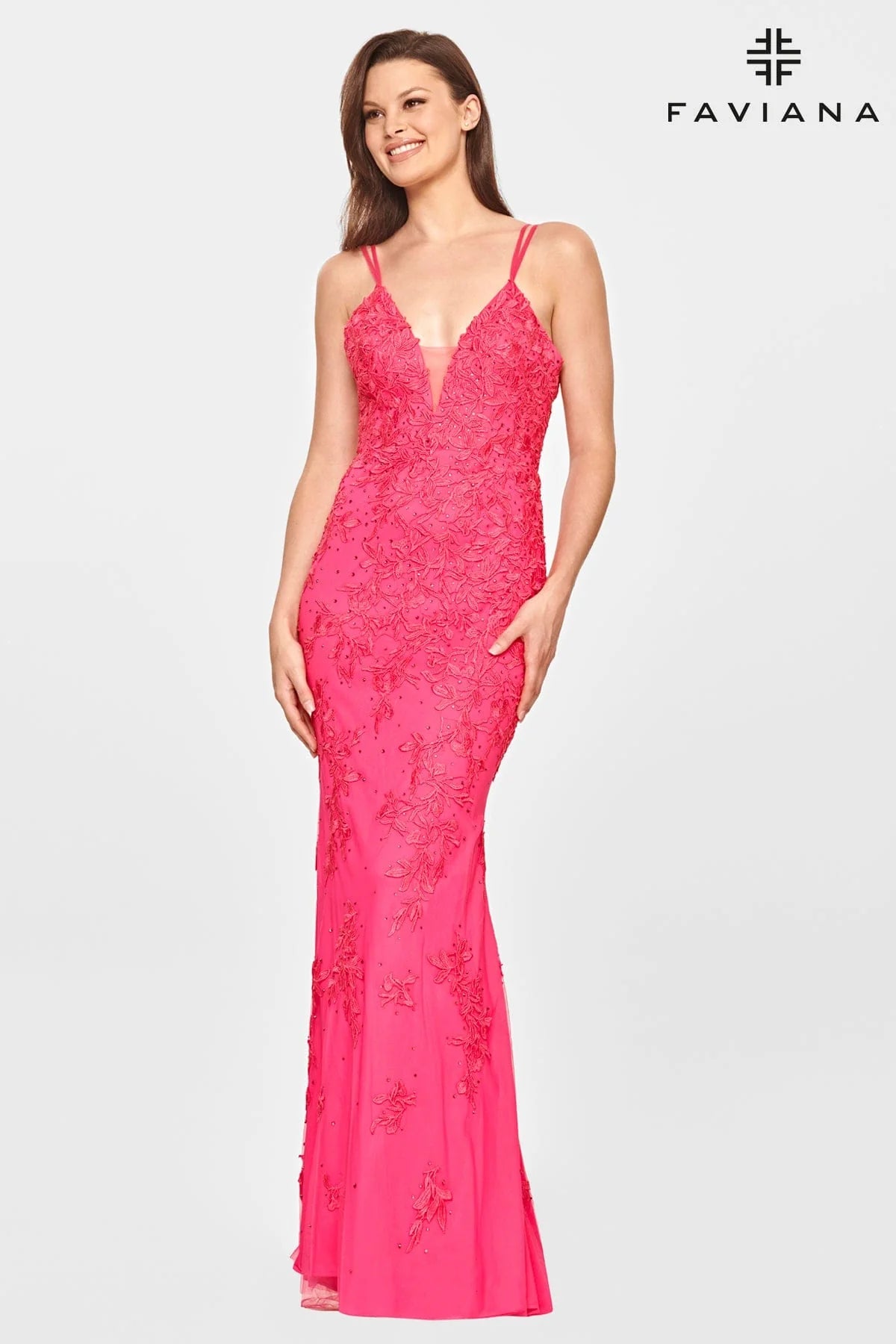 Hot Pink Long Lace Dress with V-Neckline and Corset Back