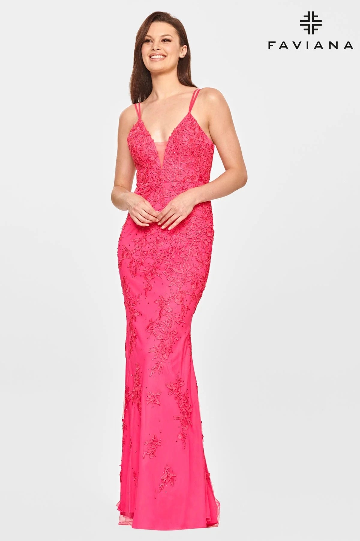 Hot Pink Long Lace Dress with V-Neckline and Corset Back