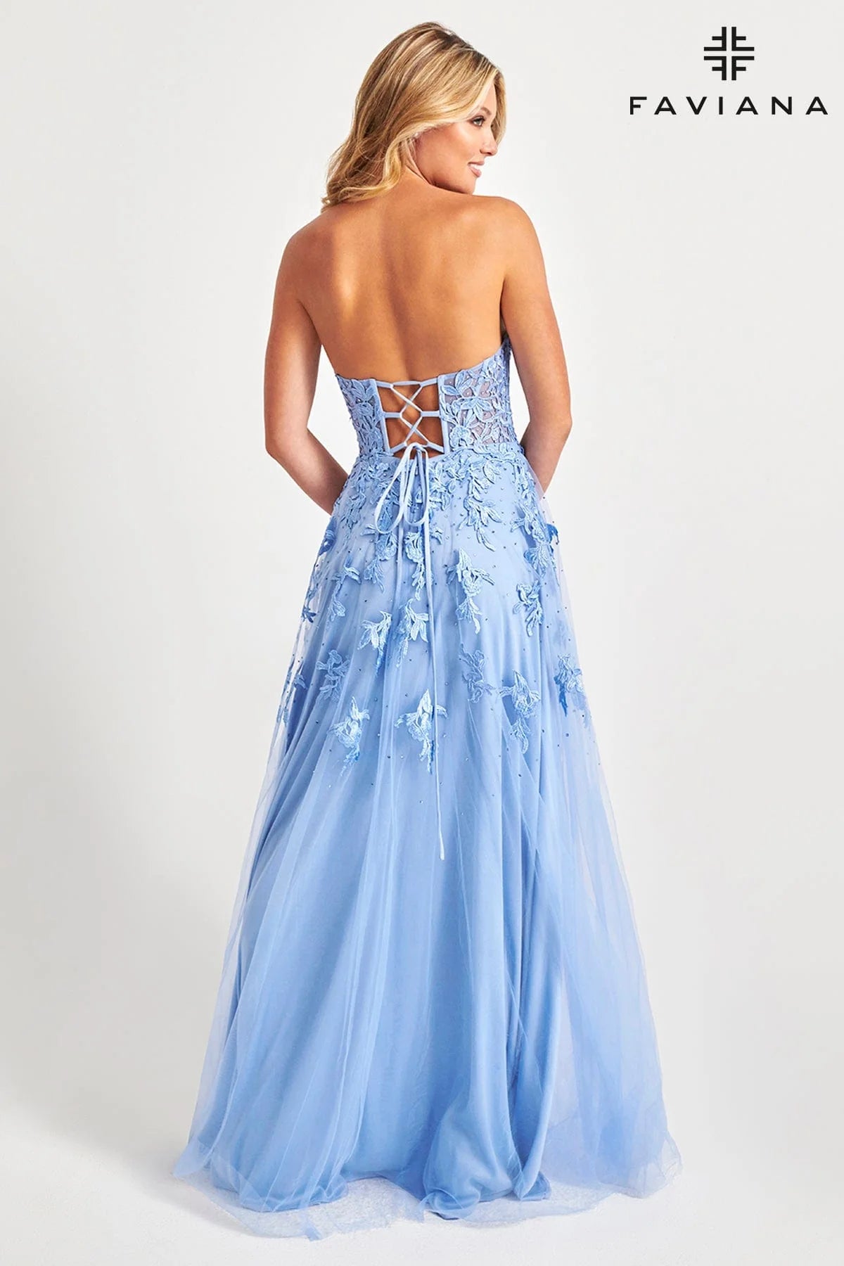 Cloud Blue Long Tulle Prom Dress With Corset Bodice And Lace Applique