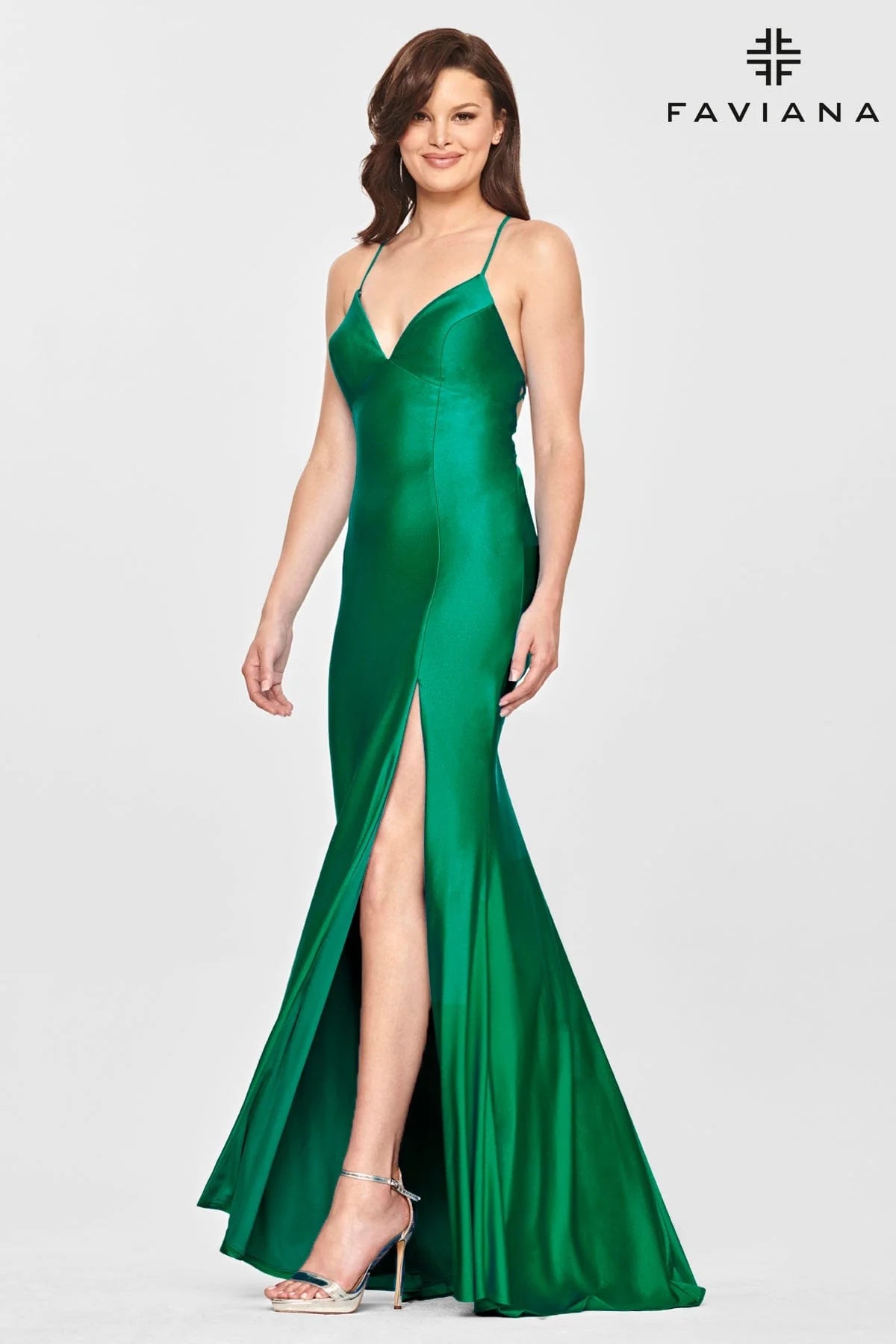 Green V Neckline Prom Dress With Stretch Fabric And Corset Back