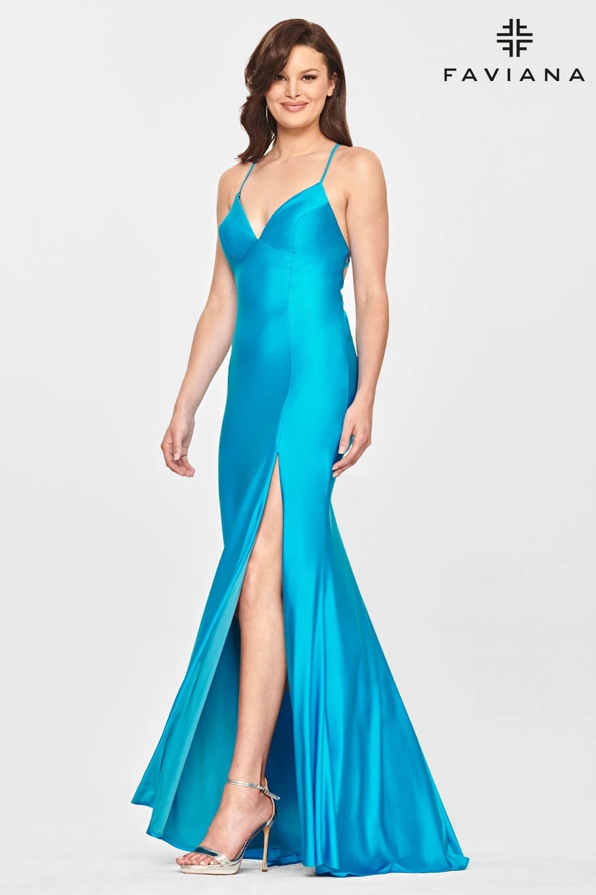 Blue V Neckline Prom Dress With Stretch Fabric And Corset Back