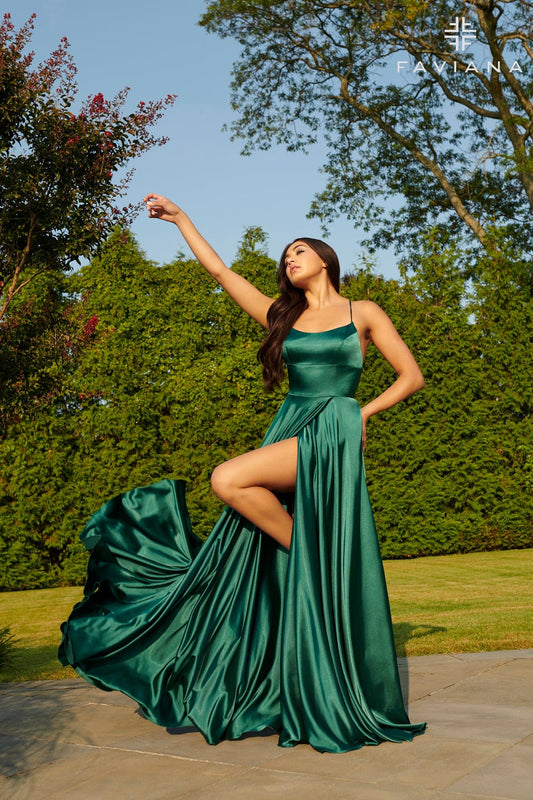 Deep Green Silky Charmeuse Prom Dress With Scoop Neckline And Corset Back