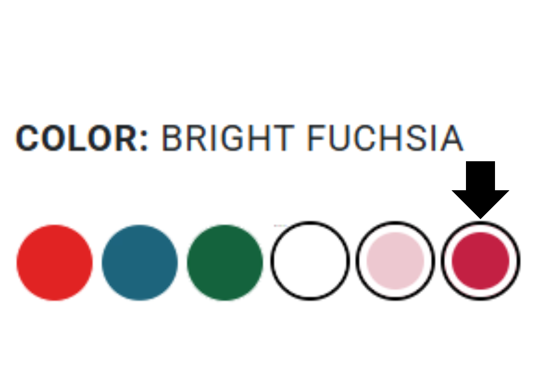Color swatch with bright fuchsia highlighted and labeled.