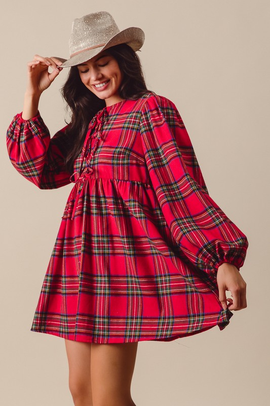Long Sleeve Red Plaid Mini Dress with Tie Closures in the Front