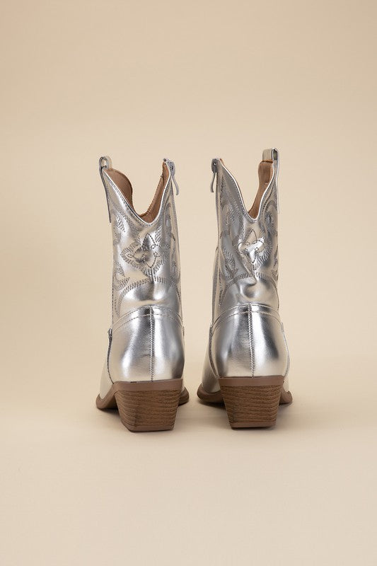 Silver Western Booties Tapered Toe and Block Heel