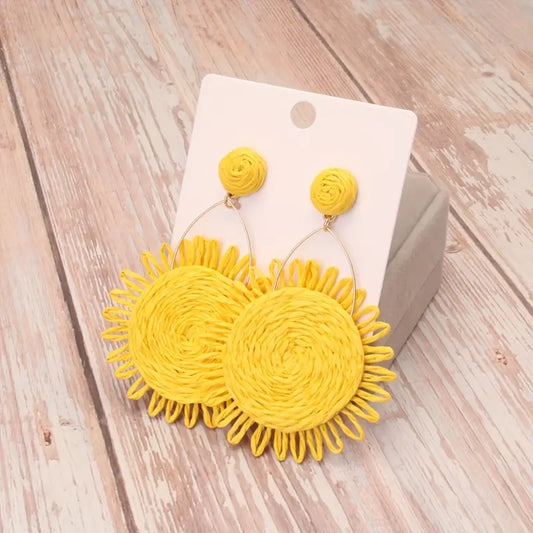 Yellow Flower Straw Drop Earrings 