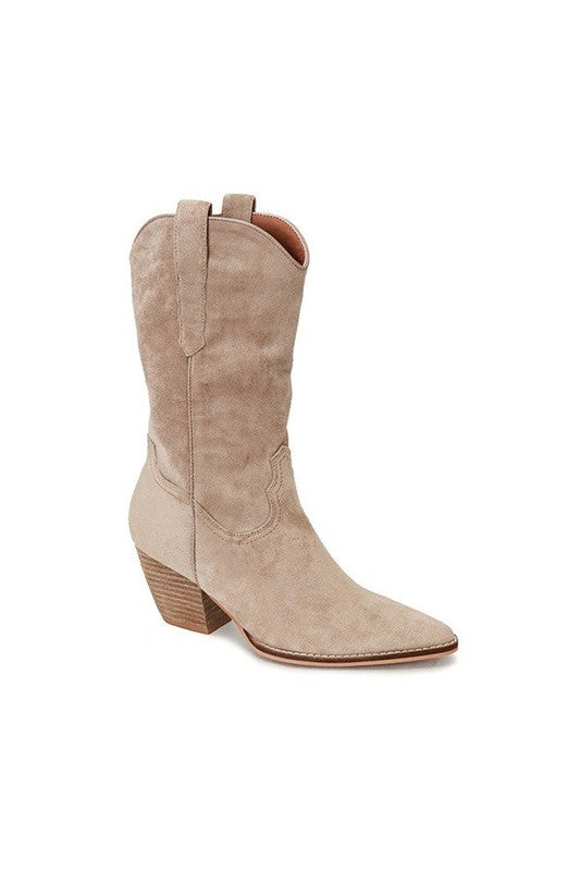 Taupe Faux Suede Western Boots with Leather Covered Heel 2.5" in Height
