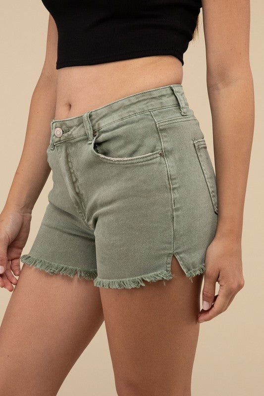 Olive Frayed Hem Denim Shorts