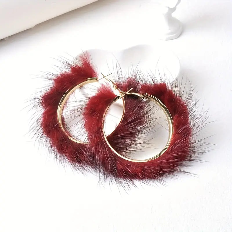 Red Faux Fur Hoop Earrings