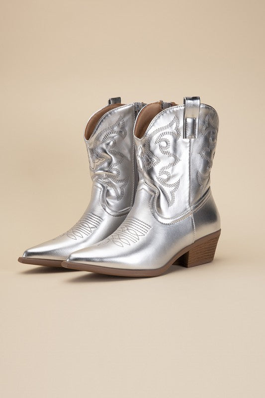Silver Western Booties Tapered Toe and Block Heel