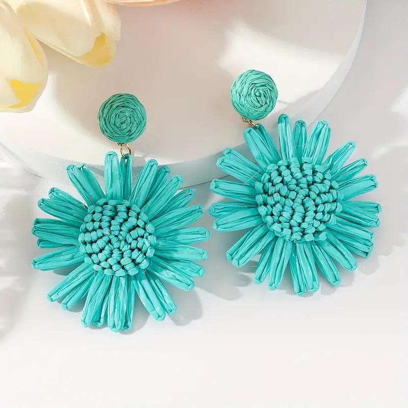 Light Blue Raffia Sunflower Dangle Earrings