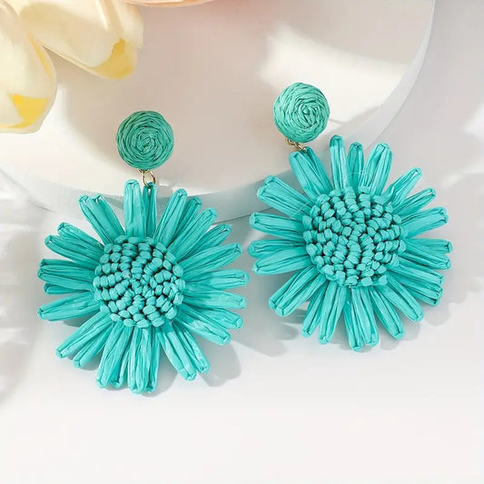 Light Blue Raffia Sunflower Dangle Earrings