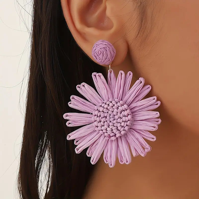 Light Purple Raffia Sunflower Dangle Earrings
