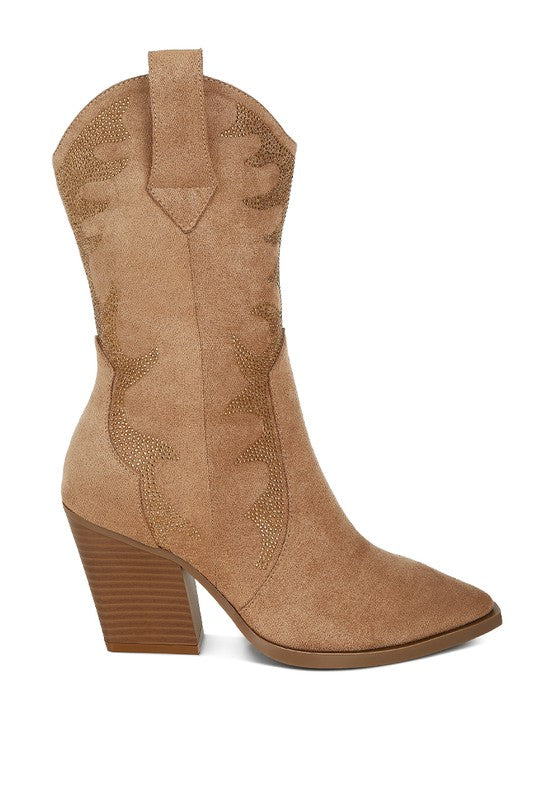 Tan cowboy boot on a white background