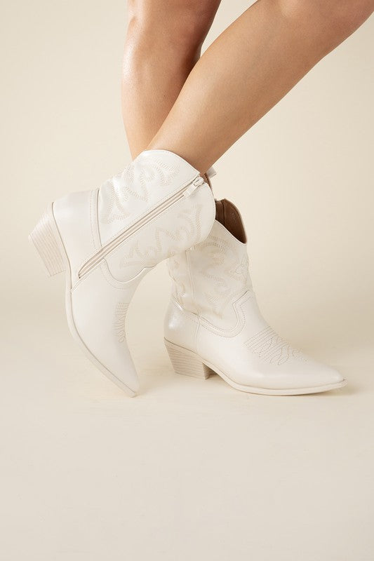 White Western Booties Tapered Toe and Block Heel