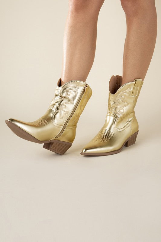 Gold Western Booties Tapered Toe and Block Heel