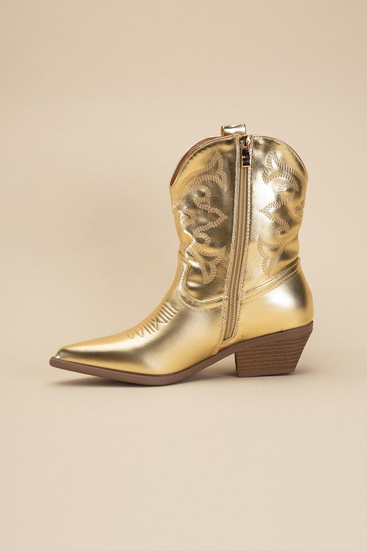 Gold Western Booties Tapered Toe and Block Heel