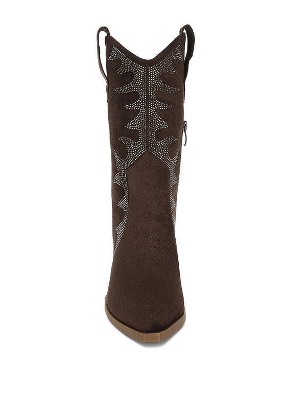 Black cowboy boot with decorative pattern on a white background