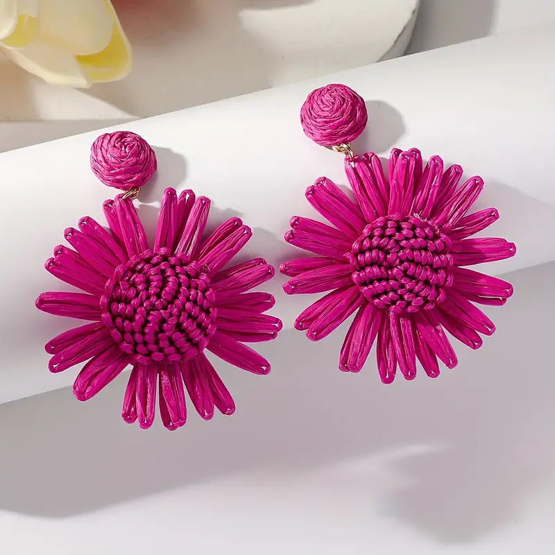 Pink Raffia Sunflower Dangle Earrings