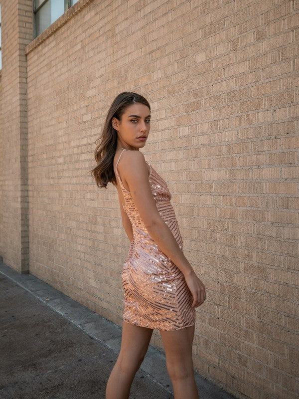 Rose Gold All Over Sequin Mini Dress 100% Polyester with Plunging V Neckline and Spaghetti Straps