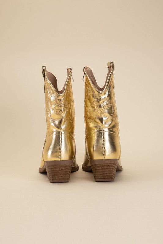 Gold Western Booties Tapered Toe and Block Heel