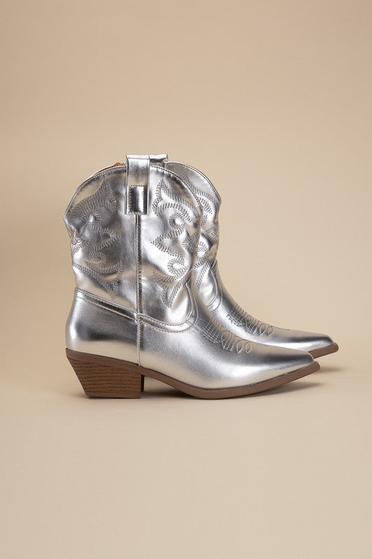 Silver Western Booties Tapered Toe and Block Heel