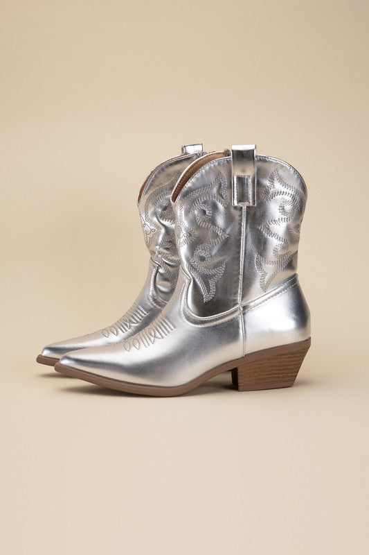 Silver Western Booties Tapered Toe and Block Heel