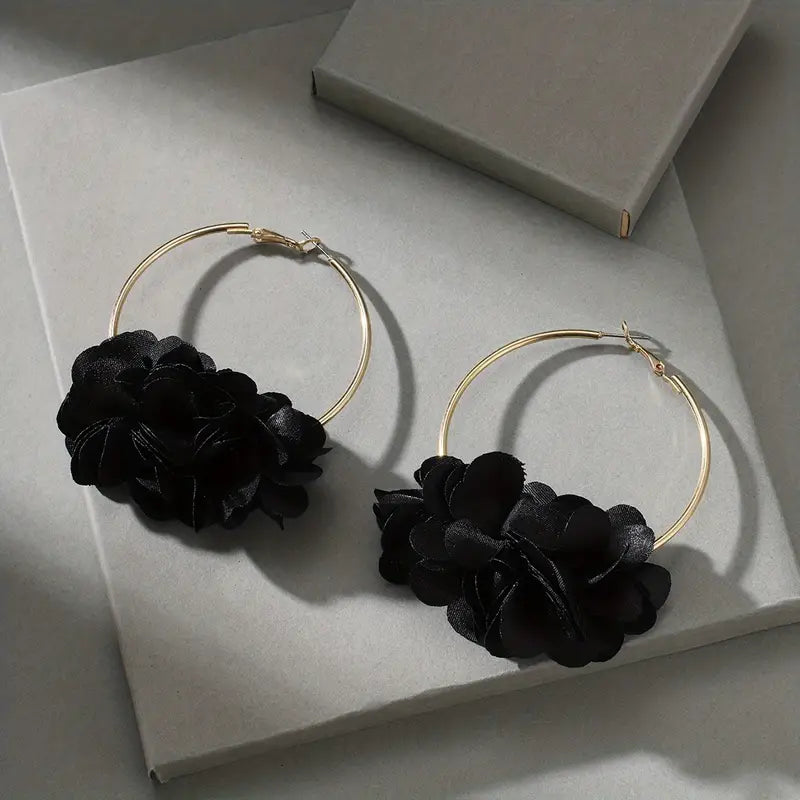 Gold Flower Hoop Earrings with Black Flowers 