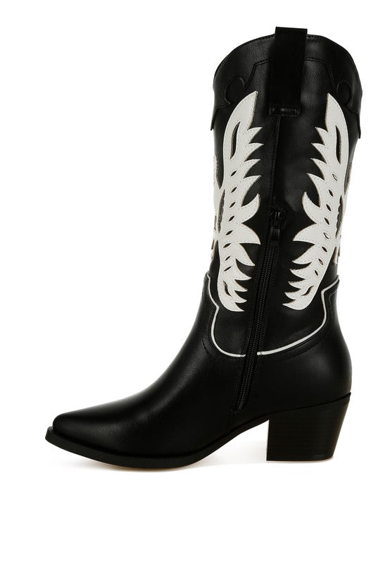 Black cowboy boot with white wing-like designs on a white background