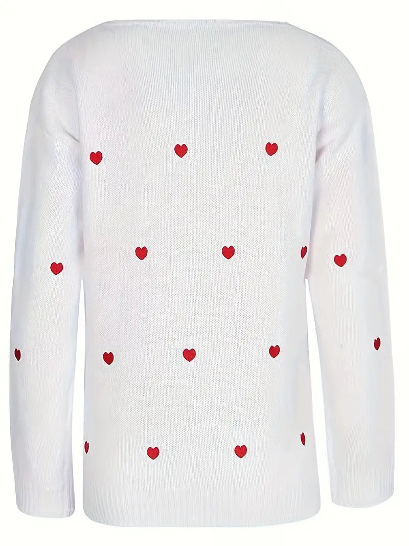 White V-Neck Sweater with Red Embroider Heart Pattern