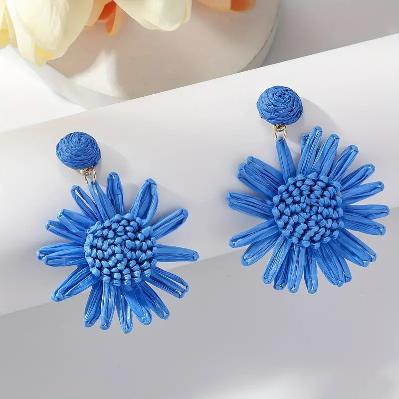 Blue Raffia Sunflower Dangle Earrings