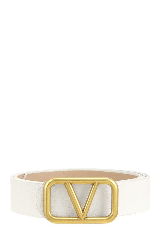 White Leather Belt with Gold Metal V Buckle 44" in Length