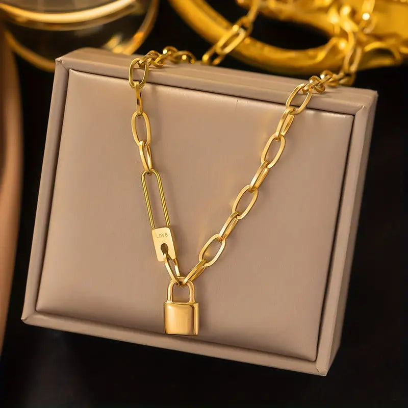 Gold Stainless Steel Letter Love Lock Pendant Necklace Thick Chain