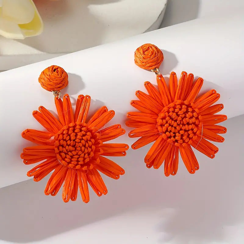 Orange Raffia Sunflower Dangle Earrings