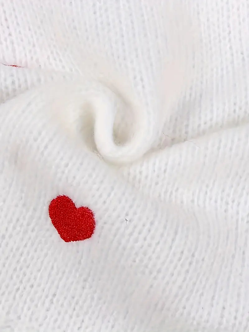 White V-Neck Sweater with Red Embroider Heart Pattern