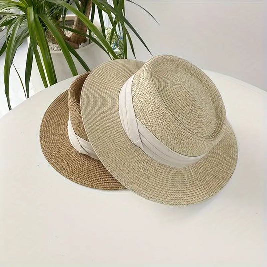 Beige and Khaki French Panama Sun Hat with Wide Ribbon Detail