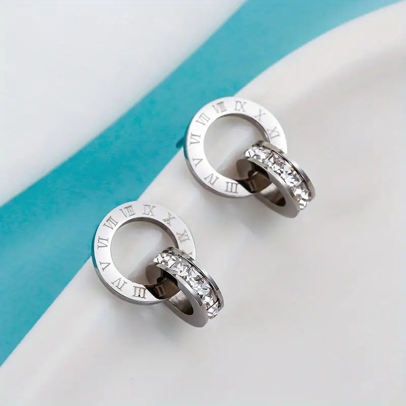 Silver Hypoallergenic Titanium Steel Ear Jewelry Hollow Circle Design With Roman Number Pattern Shiny Zircon Decor Stud Earrings