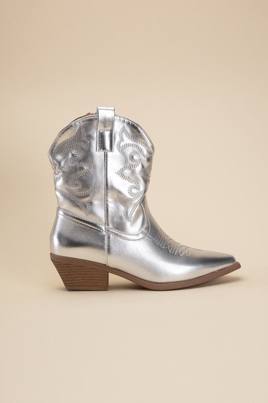 Silver Western Booties Tapered Toe and Block Heel