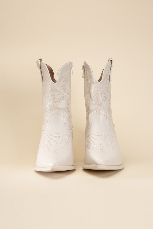 Ivory Western Booties Tapered Toe and Block Heel