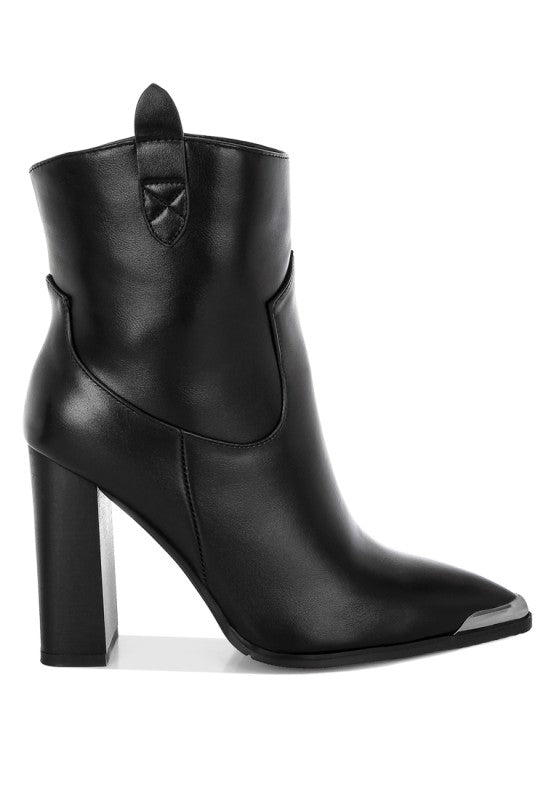 Black ankle boot with a block heel on a white background