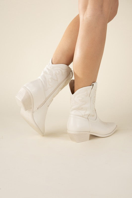 White Western Booties Tapered Toe and Block Heel