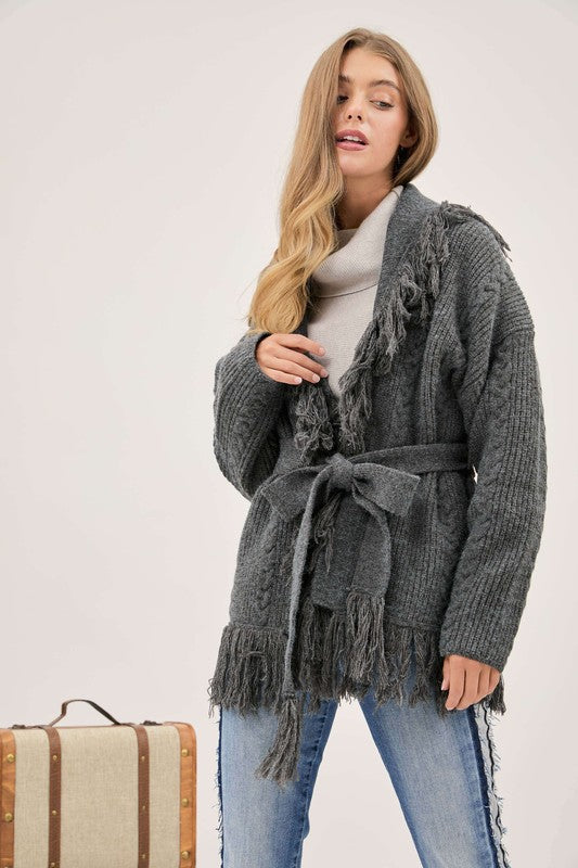 Grey Fringe Tie Belt Knit Cardigan 